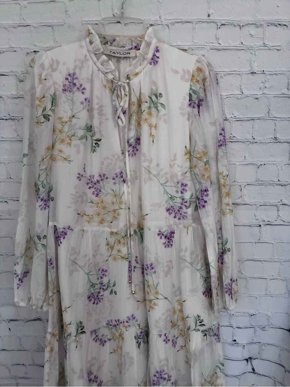 Taylor White Long Sleeve Floral Tie-Neck Dress with Purple & Yellow Print